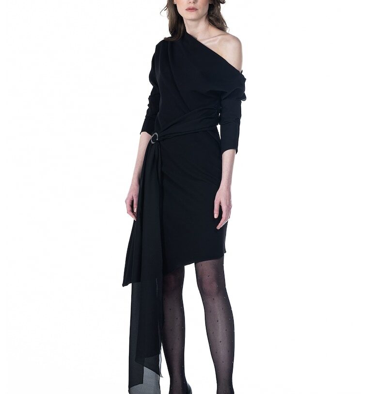 Рокля с голо рамо и връзка от шифон - Черен AS Negulescu