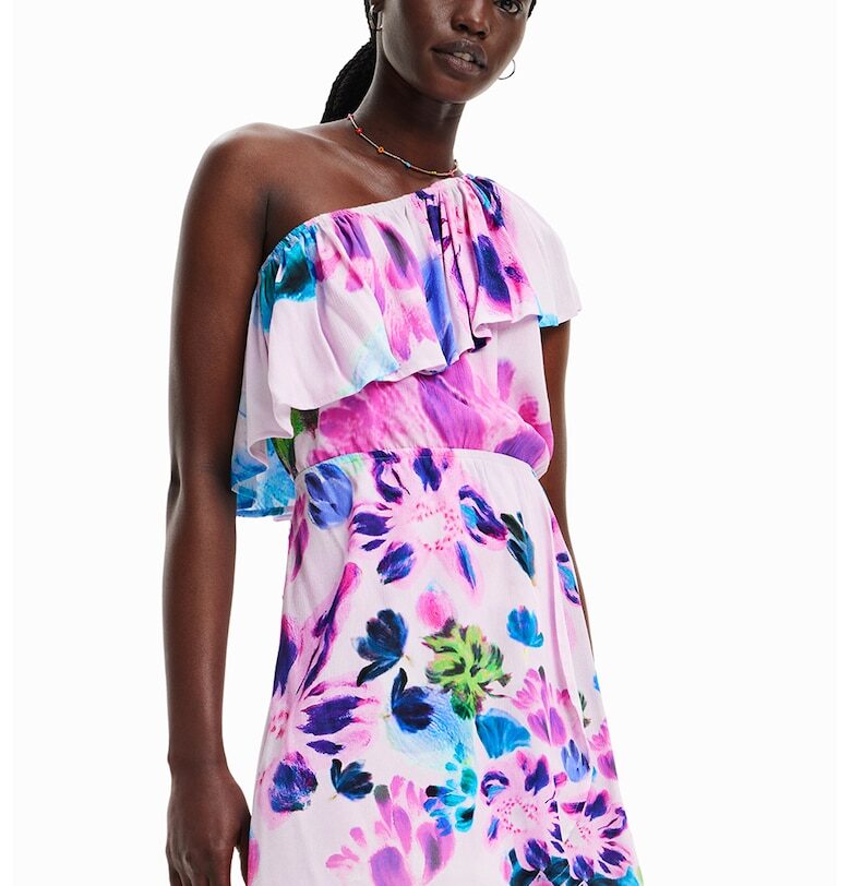 Рокля с голо рамо и принт - Бял/Розово/Син DESIGUAL