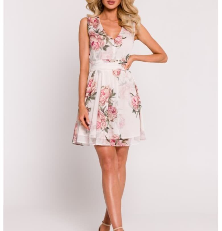 Рокля с деколте  Шифон - Мини - Бял MOE