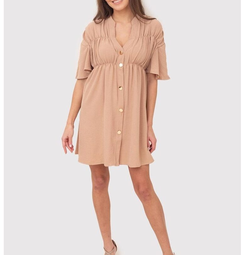 Рокля с деколте с копчета DA1757 - Бежов Ax Paris