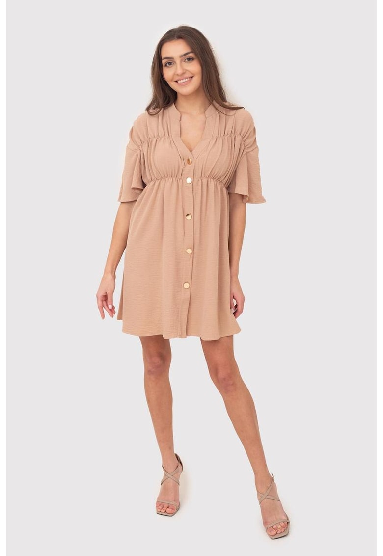 Рокля с деколте с копчета DA1757 - Бежов Ax Paris