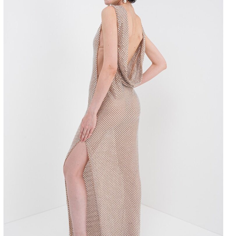 Рокля с декоративни камъни - Прашно розово/Сребрист SELF-PORTRAIT