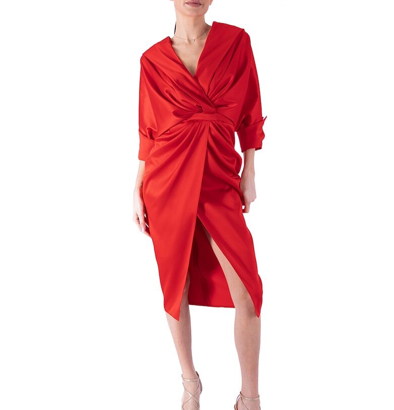 Рокля с драпиран дизайн - Аленочервен Acob a porter