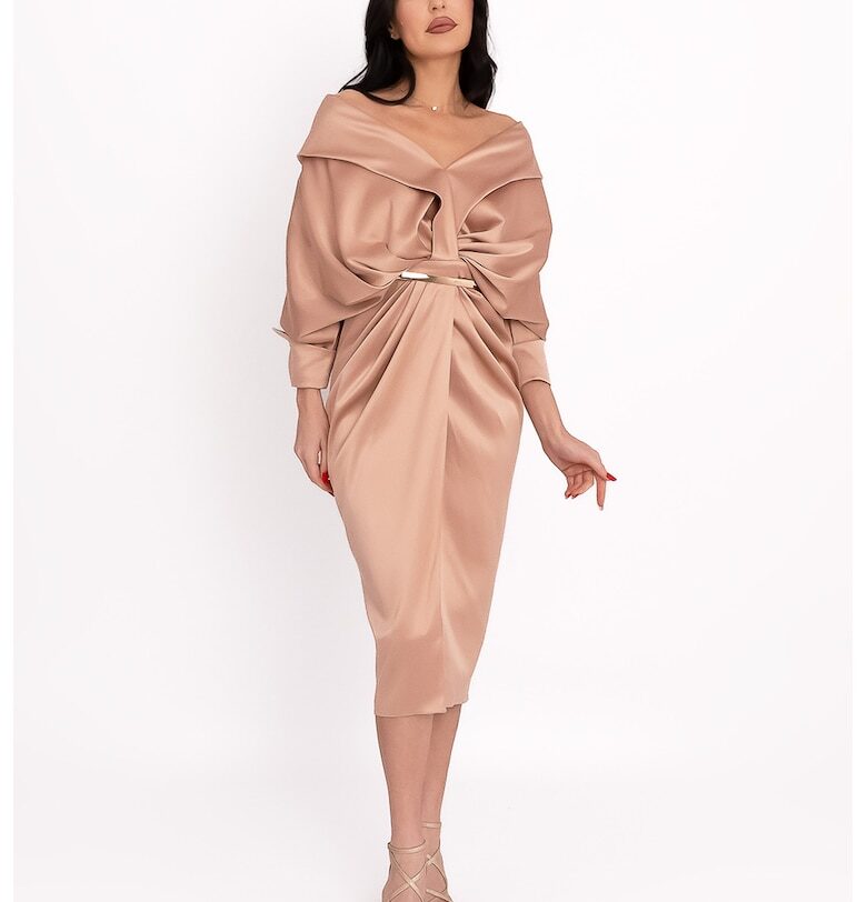 Рокля с драпиран дизайн и голи рамене - Бежов Acob a porter