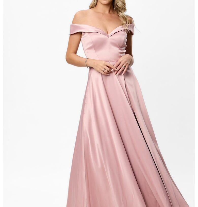 Рокля с дълбока цепка встрани и голо рамо - Розова сьомга BAROCCA