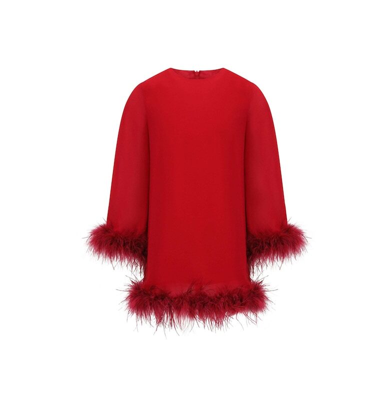 Рокля с дълги ръкави и щраусови пера - Червен BALOU