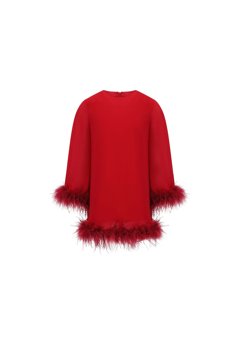 Рокля с дълги ръкави и щраусови пера - Червен BALOU