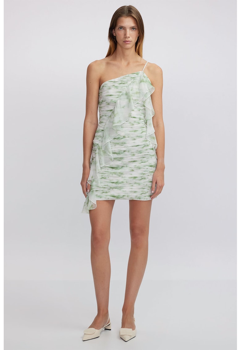 Рокля с едно рамо и набирания - Бял/Зелен Ipekyol