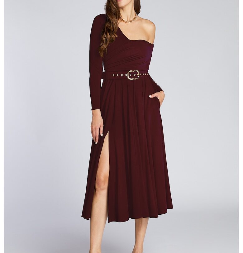 Рокля с едно рамо и странична цепка - Бордо Alina Cernatescu