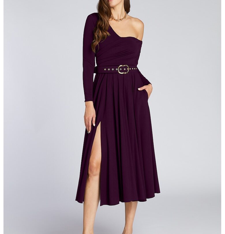 Рокля с едно рамо и странична цепка - Тъмно лилаво Alina Cernatescu