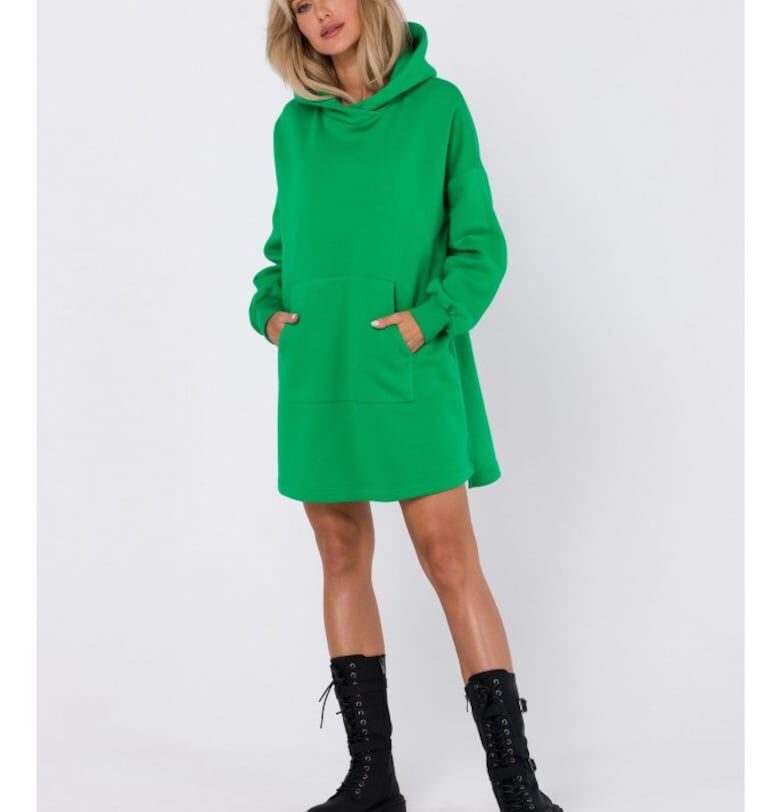 Рокля с качулка - джоб тип кенгуру - памук/полиестер - зелена - MOE