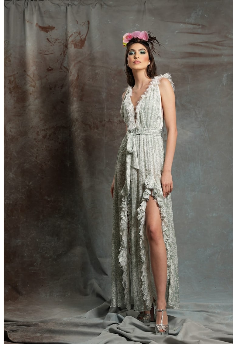 Рокля с коприна Aloe с дълбок шпиц и дипли - Зелен MIAU by Clara Rotescu