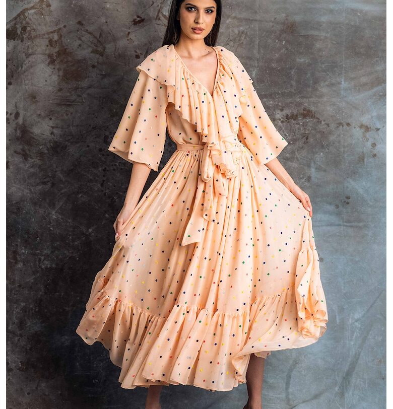 Рокля с коприна Este с набирания - Праскова MIAU by Clara Rotescu