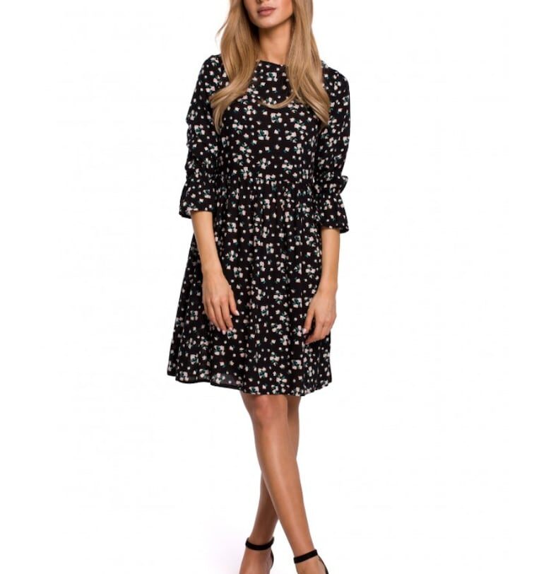 Рокля с къдрави ръкави - Вискоза - Черна - М MOE