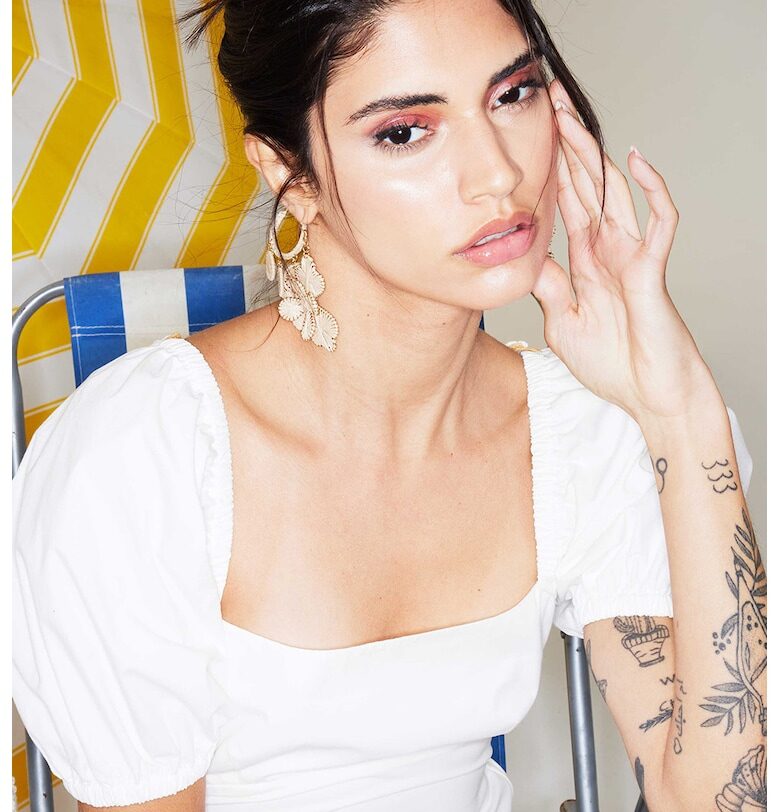 Рокля с къси ръкави - Бял/Светлокафяв TWIST