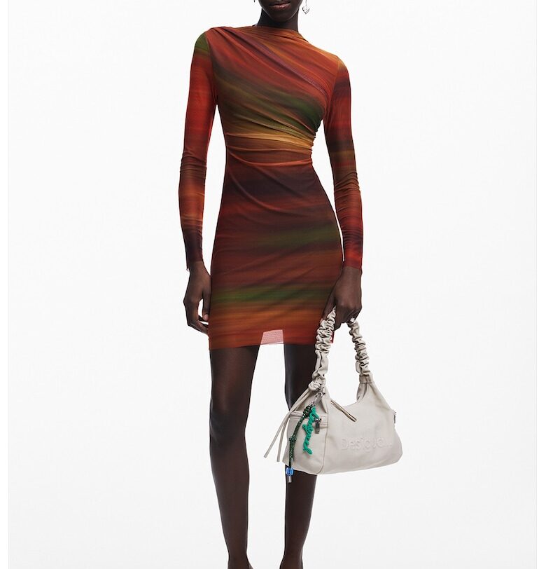 Рокля с къси ръкави и набирания - Оранжев/Тъмнозелен/Синапено жълто DESIGUAL