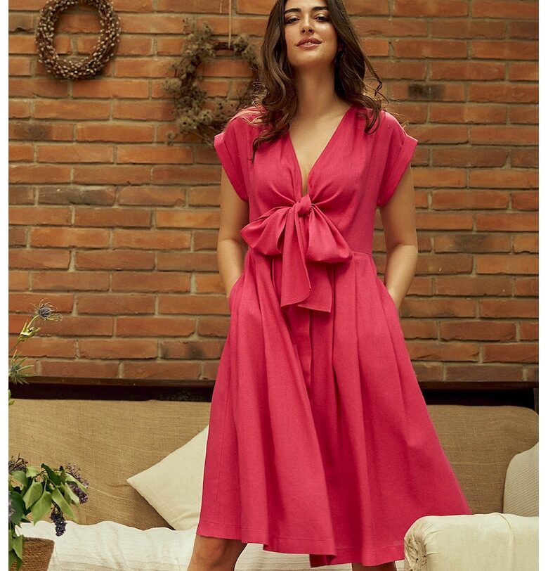 Рокля с лен Clarisse с панделка отпред - Фуксия Noria Anis