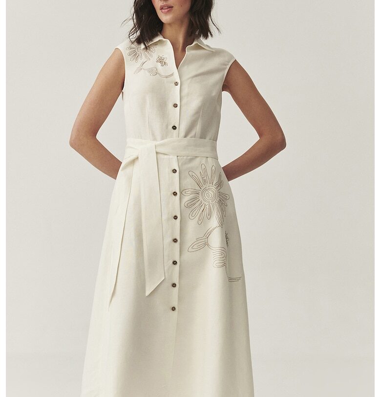 Рокля с лен и колан - Мръснобял Tatuum