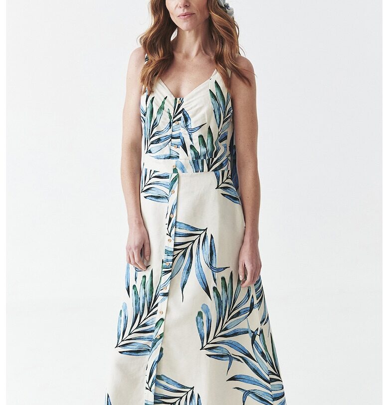 Рокля с лен и шарка - Бежов/Син Tatuum