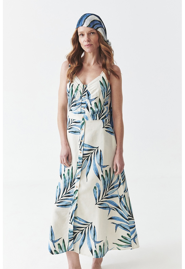 Рокля с лен и шарка - Бежов/Син Tatuum