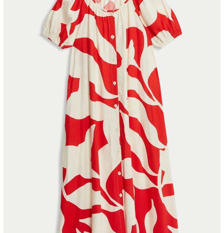 Рокля с лен с копчета - Червен/Слонова кост Marks  Spencer