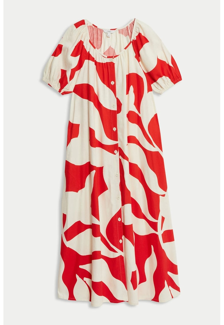 Рокля с лен с копчета - Червен/Слонова кост Marks Spencer