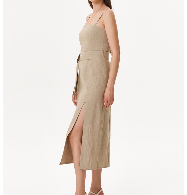 Рокля с лен със странични цепки - Бежов EMAT