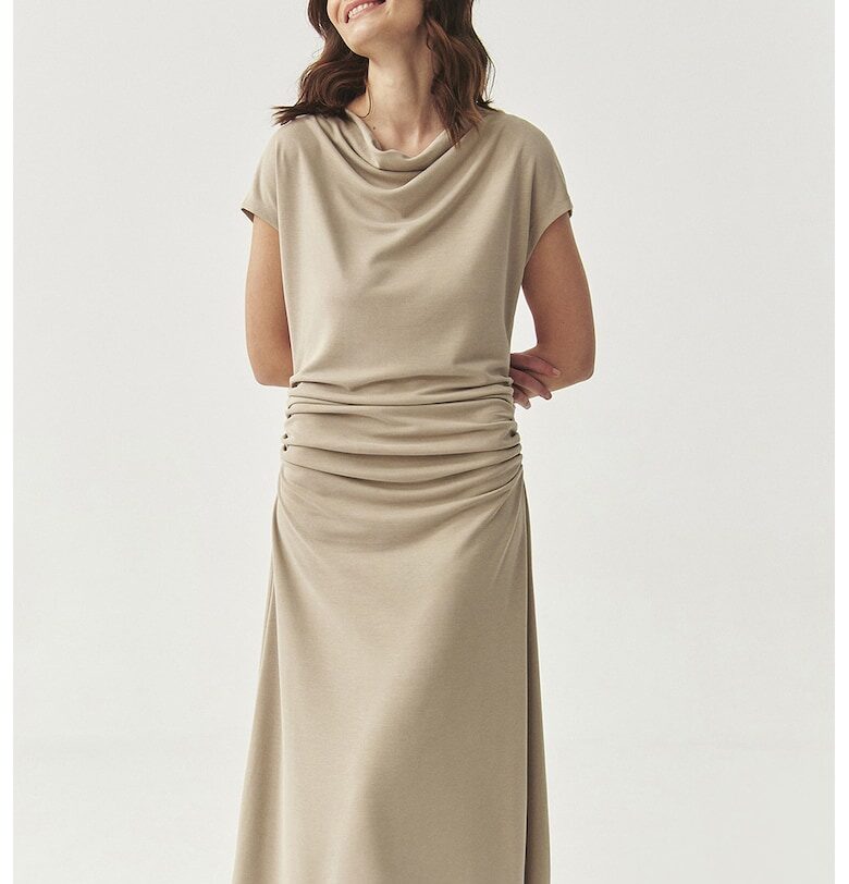 Рокля с модал с набиране - Светло бежово Tatuum