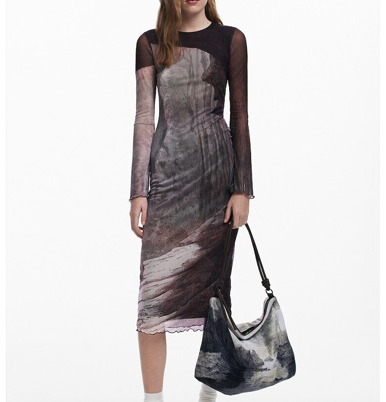 Рокля с овално деколте и вълнообразен подгъв - Светло кафяво/Tъмносив DESIGUAL