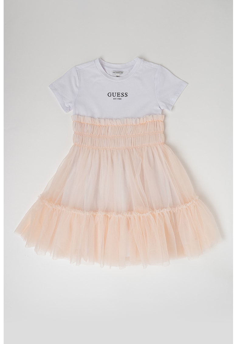 Рокля с овално деколте и тюл - Праскова/Бял GUESS KIDS