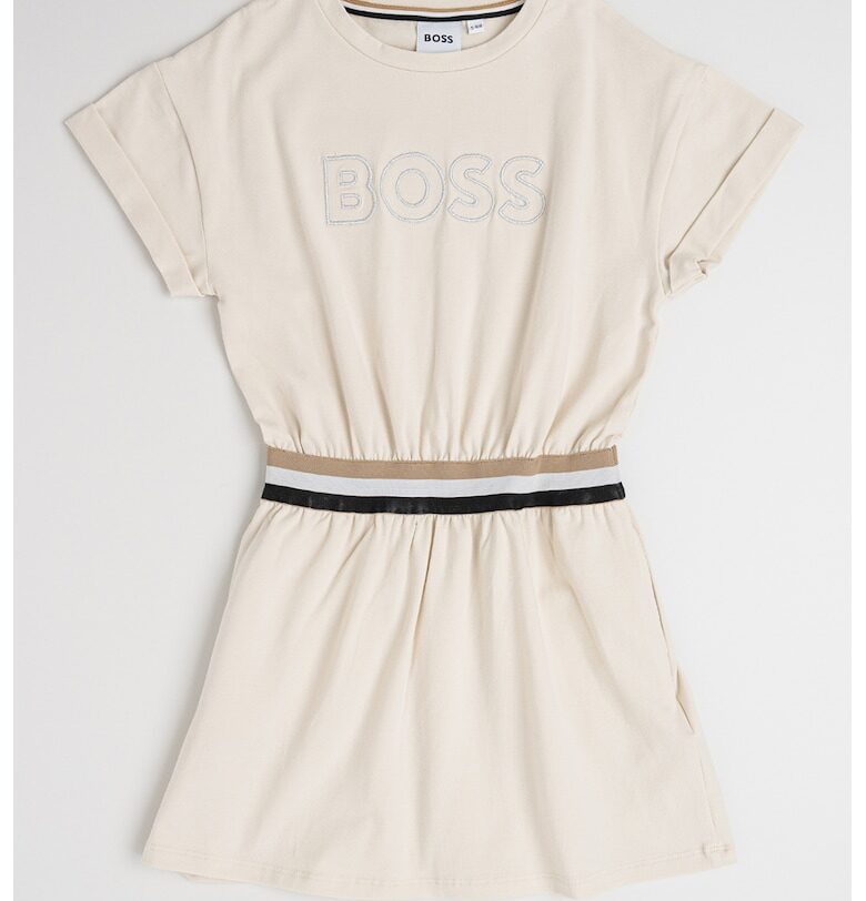 Рокля с памук с лого и еластична талия - Светло бежово BOSS Kidswear