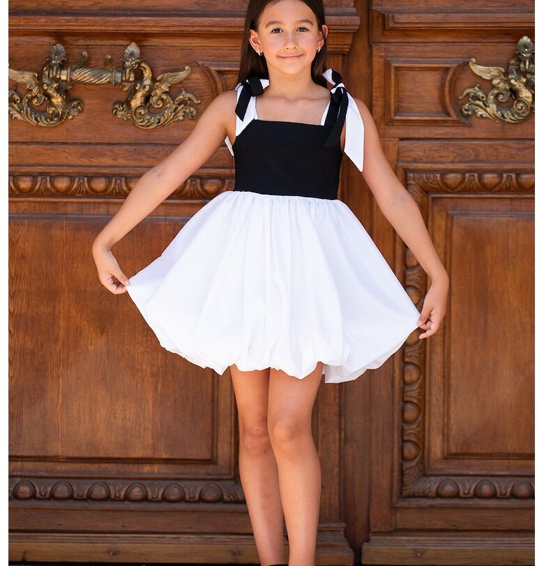 Рокля с подгъв тип балон и панделки - Черен/Бял EMMA concept wear