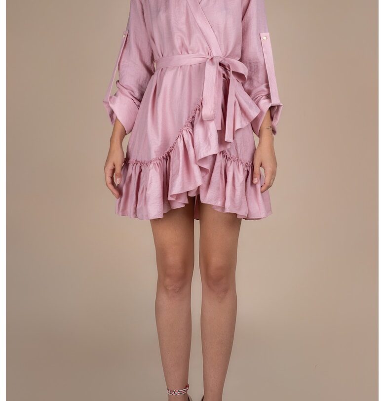 Рокля с прехвърляне - широки маншети и волан Pink Monarh design