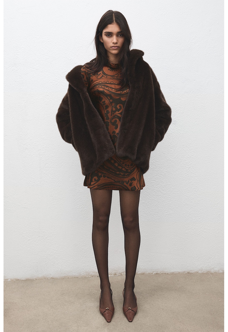 Рокля с принт и дълги ръкави - Черен/Изгорен портокал Mango