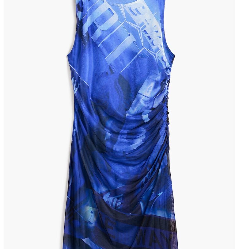 Рокля с принт и мрежест слой - Бял/Син DESIGUAL