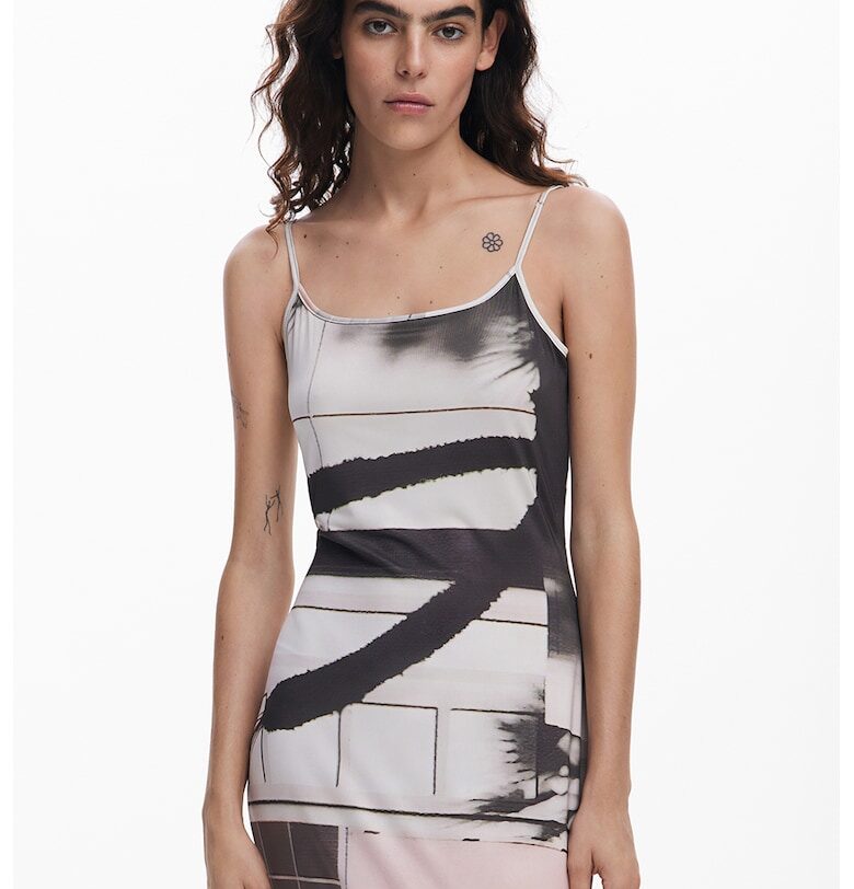 Рокля с принт и регулируеми презрамки - Бял/Черен/Кафяв DESIGUAL