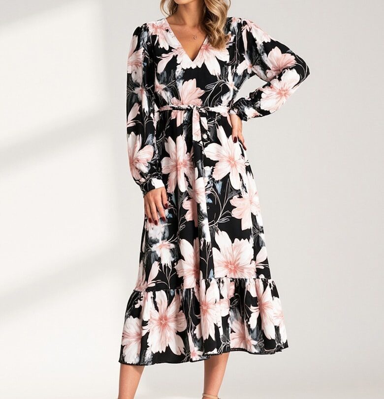 Рокля с флорални мотиви и волани -  черна - 100% полиестер - SM Figl