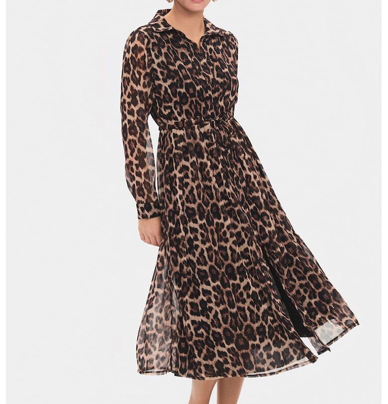 Рокля с шлиц отпред и принт - Тъмнокафяв June