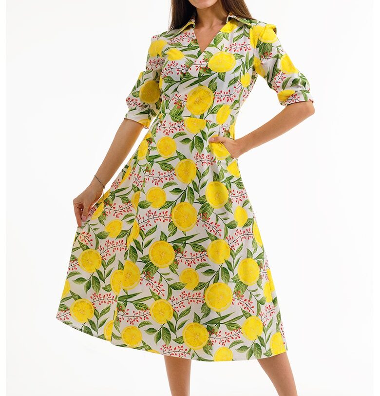 Рокля с шпиц - Бял/Зелен/Шафраново жълто CAMISSI