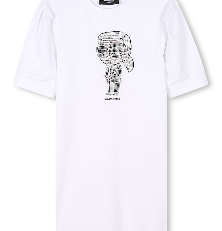 Рокля-тениска с овално деколте и декоративни камъни - Бял KARL LAGERFELD KIDS