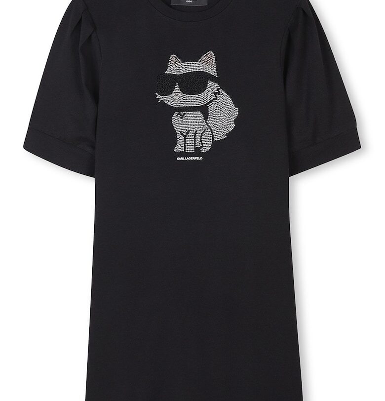 Рокля-тениска с овално деколте и декоративни камъни - Черен KARL LAGERFELD KIDS