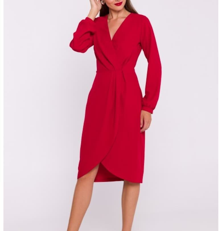 Рокля тип кожа с плисета отпред  Червен Stylove