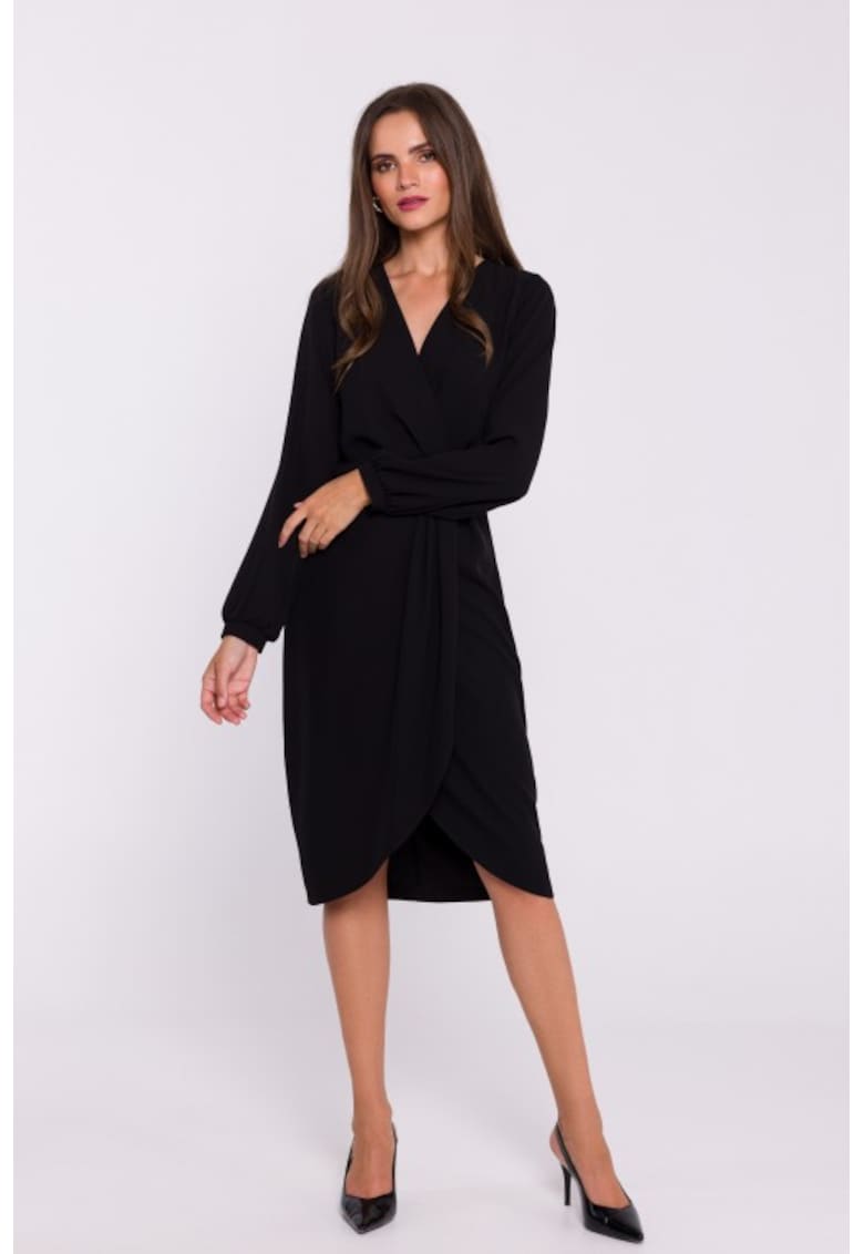 Рокля тип кожа с плисета отпред Черен Stylove
