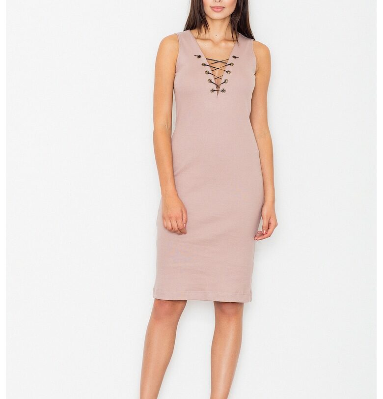 Рокля тип молив  M487 - розово - памук - V-образно деколте - миди дължина Figl