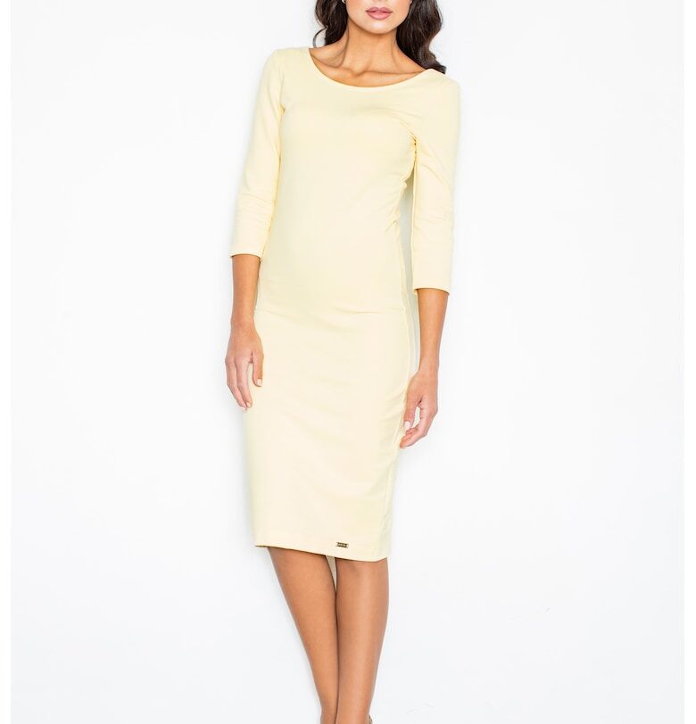 Рокля тип молив  жълта - памучна - деколте тип лодка - 3/4 ръкави - Figl