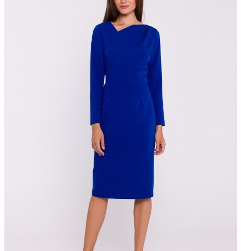 Рокля тип молив с асиметрично деколте  Кралско Синьо Stylove