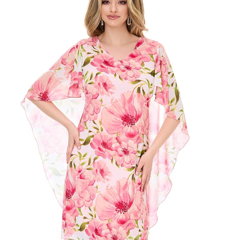 Рокля тип пелерина с шпиц - Бял/Зелен/Розово BAROCCA