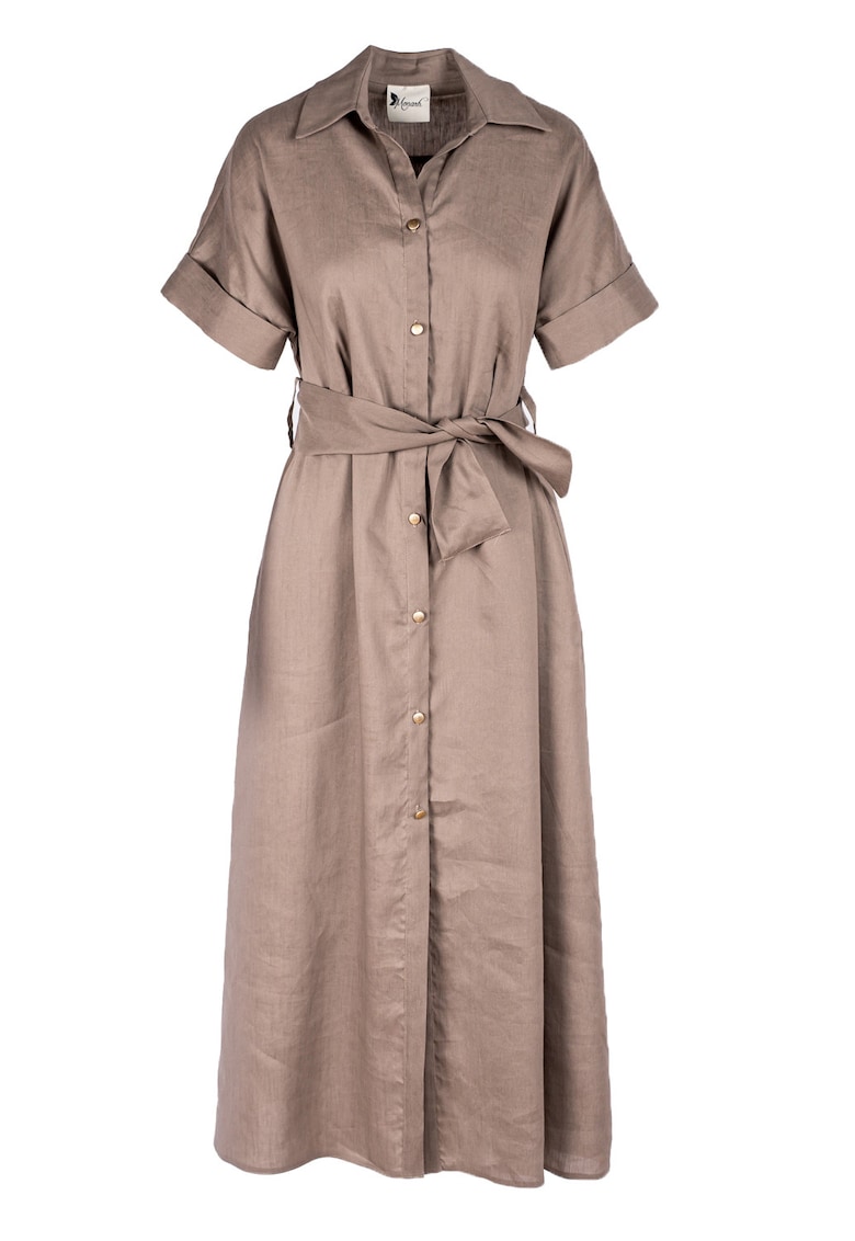 Рокля тип риза миди с джобове и колан - Кафяв Monarh design
