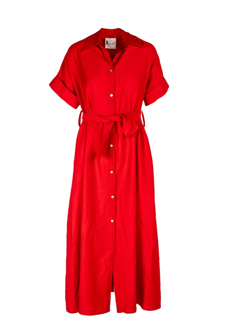 Рокля тип риза миди с джобове и колан - Червен Monarh design