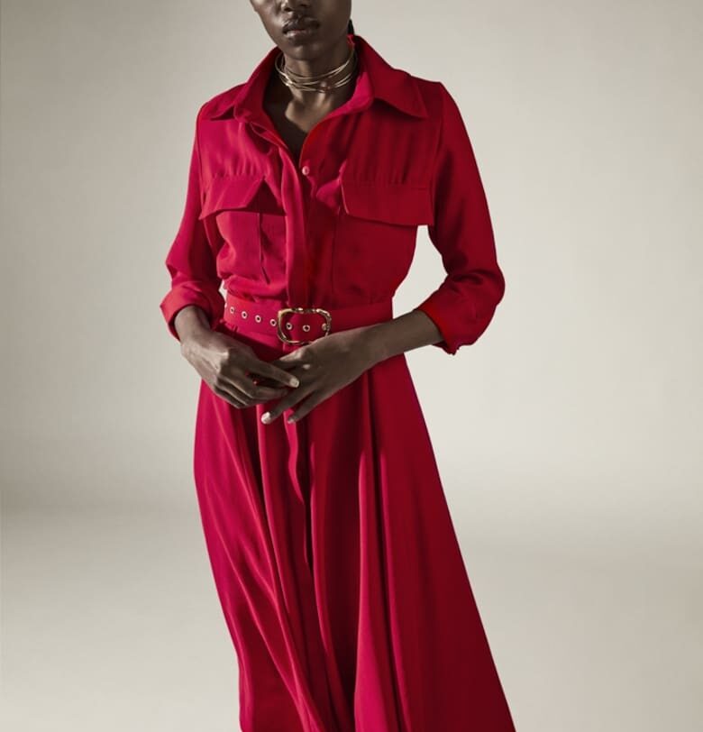 Рокля тип риза миди с широка пола и съответстващ колан Patty - червена Alina Cernatescu